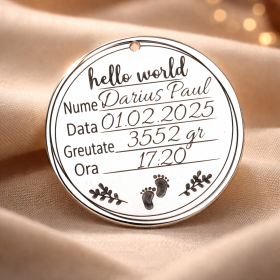 S0025-G Pandant argint pentru botez Hello World cu datele de nastere 22mm