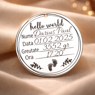 S0025-G Pandant argint pentru botez Hello World cu datele de nastere 22mm