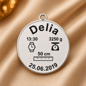 S132 - Pandant banut din argint personalizat cu datele de nastere ale copilasului dvs 22mm