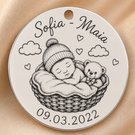 S209 - Pandant banut din argint pentru botez de 22mm personalizabil model bebe in cosulet