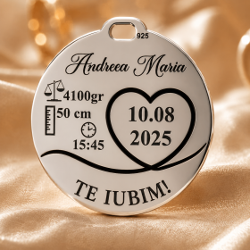 Pandantiv banut personalizat din argint 925 pentru botez – inimioara, nume si data nastere – 22 mm S0218