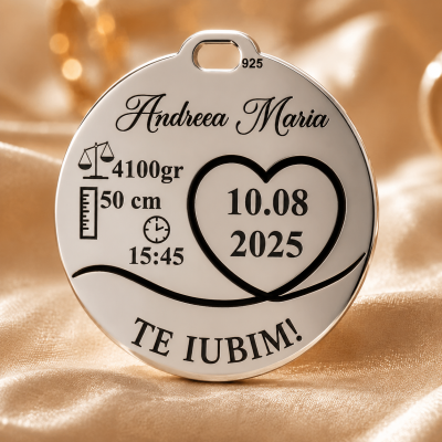 Pandantiv banut personalizat din argint 925 pentru botez – inimioara, nume si data nastere – 22 mm S0218