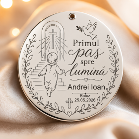 Pandantiv banut botez din argint 925 personalizabil Primul pas spre lumina 22mm 0.3mm S0228