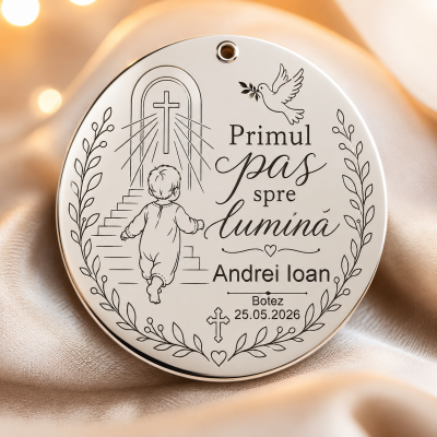 Pandantiv banut botez din argint 925 personalizabil Primul pas spre lumina 22mm 0.3mm S0228