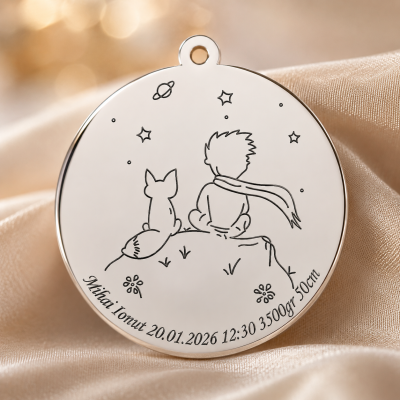 Banut de botez personalizat Micul Print si Vulpea din Argint 925 gravat cu nume si datele nasterii 22 mm S0238