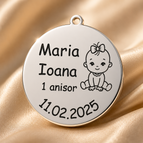 Banut de botez personalizat cu bebelus baietel sau fetita din Argint 925 gravat cu nume, varsta si data – 22 mm, 0.3 mm – S0239