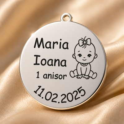 Banut de botez personalizat cu bebelus baietel sau fetita din Argint 925 gravat cu nume, varsta si data – 22 mm, 0.3 mm – S0239