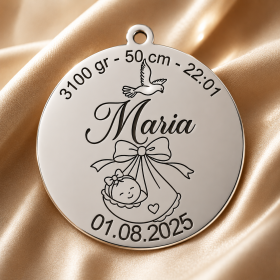 Banut de Botez Personalizat Argint 925 cu Nume si Date Nastere, Baietel - Fetita, 22 mm – S0241