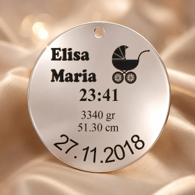 Banut de Mot Personalizat din Argint 925 cu Nume, Data Nasterii si Carucior 22 mm 0.3mm S102