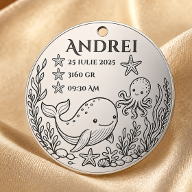 Banut Mot Argint 925 Personalizat 22mm Tema Marina cu Balena si Caracatita S0269