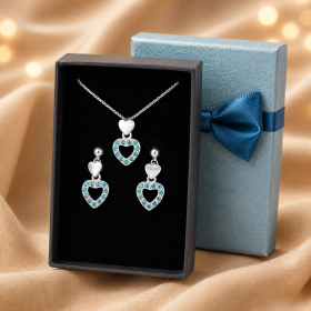 Set Colier si Cercei Inima din Argint 925 cu Cristale Albastre Cadou pentru Femei G1764