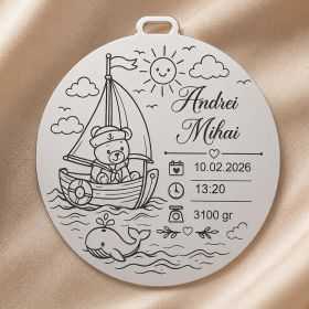Banut de mot din argint personalizat 925 cu ursulet marinar si gravura nume bebe 22 mm S0272