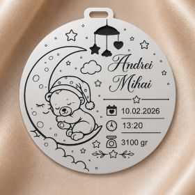 Banut de Mot Botez Personalizat Argint 925 - Ursulet pe Luna, cu Nume 22m 0.3mm S0271