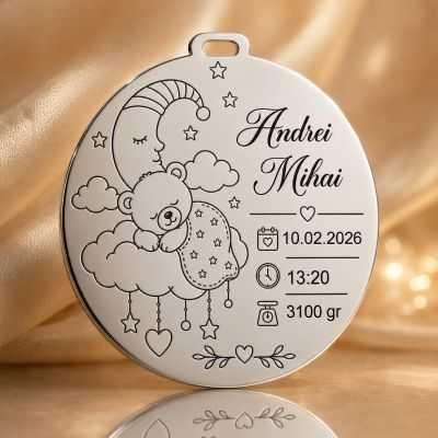 Banut de mot din argint 925 personalizat cu ursulet adormit - Nume si date nastere 22 mm S0274