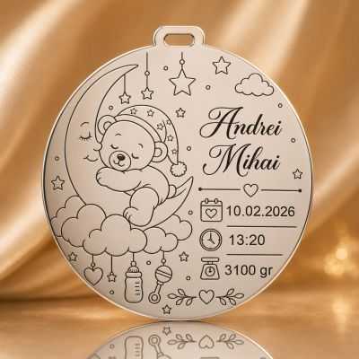 Banut de mot din argint 925 personalizat cu ursulet dormind pe luna - Nume si date nastere 22 mm S0275