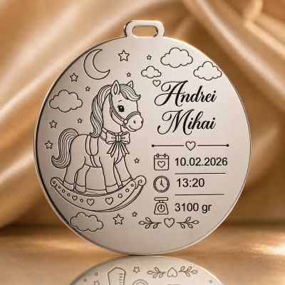 Banut de mot din argint 925 personalizat cu calut balansoar - Nume si date nastere 22 mm S0276