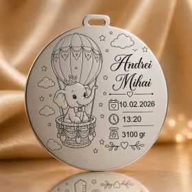 Banut de mot din argint 925 personalizat cu elefant in balon - Nume si date nastere 22 mm S0277