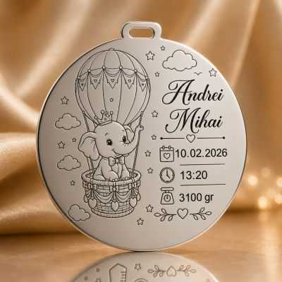 Banut de mot din argint 925 personalizat cu elefant in balon - Nume si date nastere 22 mm S0277