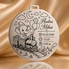 Banut de mot din argint 925 personalizat cu elefant in trenulet - Nume si date nastere 22 mm S0278