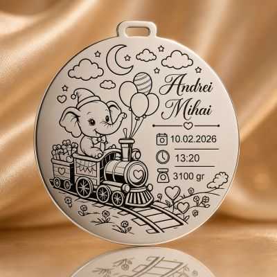 Banut de mot din argint 925 personalizat cu elefant in trenulet - Nume si date nastere 22 mm S0278