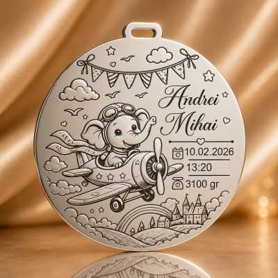 Banut de mot din argint 925 personalizat cu elefant aviator - Nume si date nastere 22 mm S0279