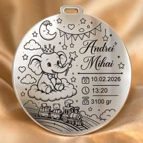 Banut de mot din argint 925 personalizat cu elefant print pe nor - Nume si date nastere 22 mm S0280
