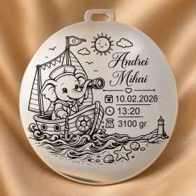 Banut de mot din argint 925 personalizat cu elefant marinar - Nume si date nastere 22 mm S0281
