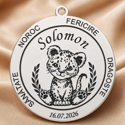 Banut de Mot din Argint 925 Personalizat cu Pui de Leopard, Nume si Data 22 mm S0282