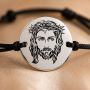 Bratara Iisus Hristos cu Coroana de Spini - banut 16.5mm argint 925 si snur negru reglabil S0283