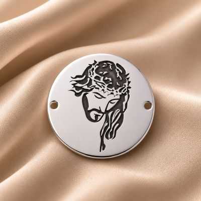 Charm Isus din argint 925, element brățară rotund gravat 16.5 mm E0438