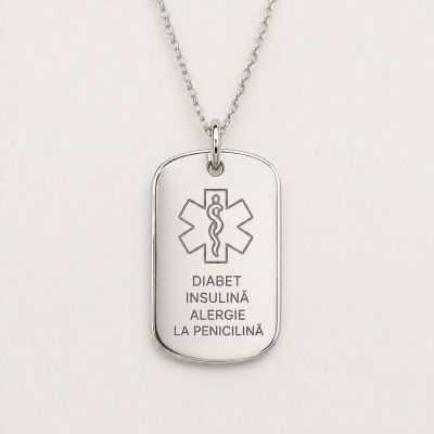 Plăcuță Medicală de Alertă din Argint 925 cu Lanț – Gravată Personalizat S0290