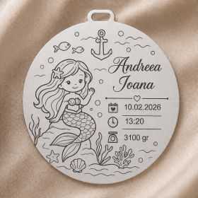 Banut de mot din argint 925 personalizat cu sirena Nume si date nastere 22 mm S0289
