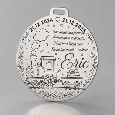 Bănuț de Moț din Argint 925 Personalizat cu Trenuleț și Poezie, Nume și Date 22 mm S0300
