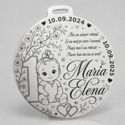Bănuț de Moț din Argint 925 Personalizat pentru Fetiță, 1 Anișor cu Poezie, Nume și Date 22 mm S0293