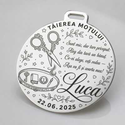 Bănuț Tăierea Moțului din Argint 925 Personalizat cu Foarfecă, Tavă cu Obiecte și Poezie 22 mm S0294