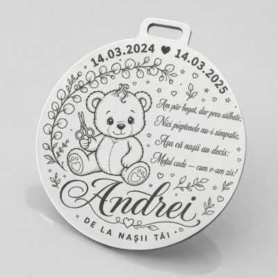 Bănuț de Moț din Argint 925 Personalizat cu Ursuleț și Poezie, Cadou de la Nași 22 mm S0295