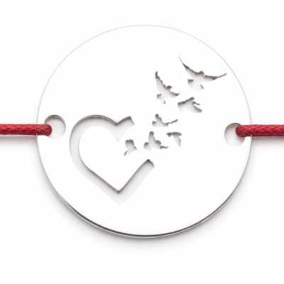 Brățară argint 925 cu bănuț inimă și păsări, șnur reglabil — cadou romantic B-E1147