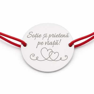 Brățară argint 925 cu bănuț Soție și prietenă pe viață, șnur reglabil — cadou pentru soție B-E1667