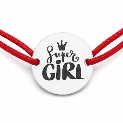 Brățară argint 925 cu bănuț Super Girl, șnur reglabil — cadou pentru fetiță sau prietenă B-E1851