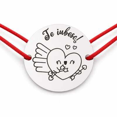Brățară argint 925 cu bănuț Inimă Cupidon Te Iubesc, șnur reglabil — cadou de Valentine’s Day B-E2082