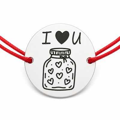 Brățară argint 925 cu bănuț Borcănel cu Inimi I Love U, șnur reglabil — cadou romantic B-E2086