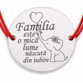 Brățară argint 925 cu bănuț Familia din iubire, șnur reglabil — cadou B-E1465