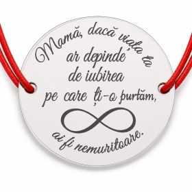 Brățară argint 925 cu bănuț Mamă iubită, șnur reglabil — cadou B-E1468