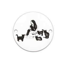 Element brățară fată cu pisici din argint 925, tăbliță rotundă gravată 16.5 mm E1107