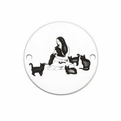 Element brățară fată cu pisici din argint 925, tăbliță rotundă gravată 16.5 mm E1107