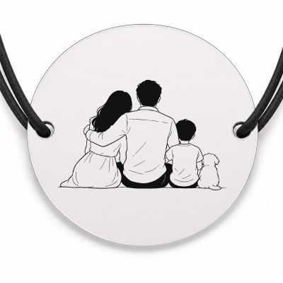 Brățară argint 925 cu bănuț gravat familie cu câine, șnur negru reglabil — R0098