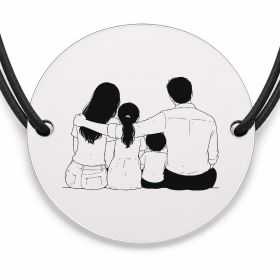 Brățară argint 925 cu bănuț gravat familie cu doi copii, șnur negru reglabil — R0093