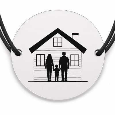 Brățară argint 925 cu bănuț gravat casa familiei, șnur negru reglabil — R0105