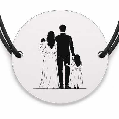 Brățară argint 925 cu bănuț gravat familie cu fetiță și bebeluș, șnur negru reglabil — R0101
