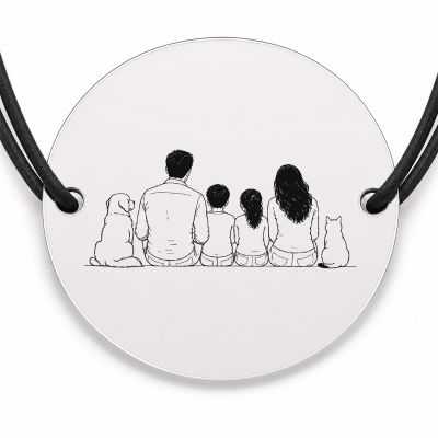Brățară argint 925 cu bănuț gravat familie cu câine și pisică, șnur negru reglabil — R0117